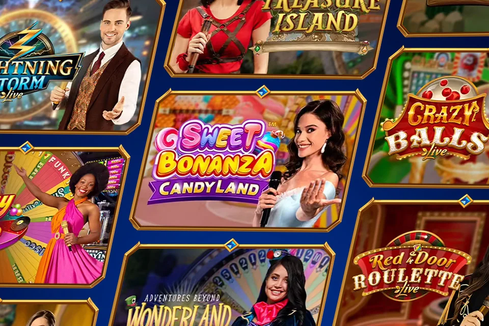 Slot- und Show-Kacheln u. a. Sweet Bonanza Candyland und Crazy Balls bei Romibet